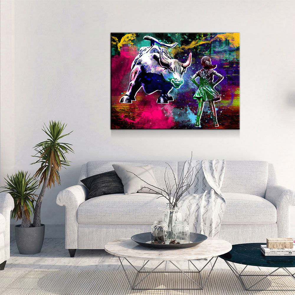 Fearless Girl Charging Bull Statue Canvas Wall Art, Charging Bull Wall Street Art - Royal Crown Pro