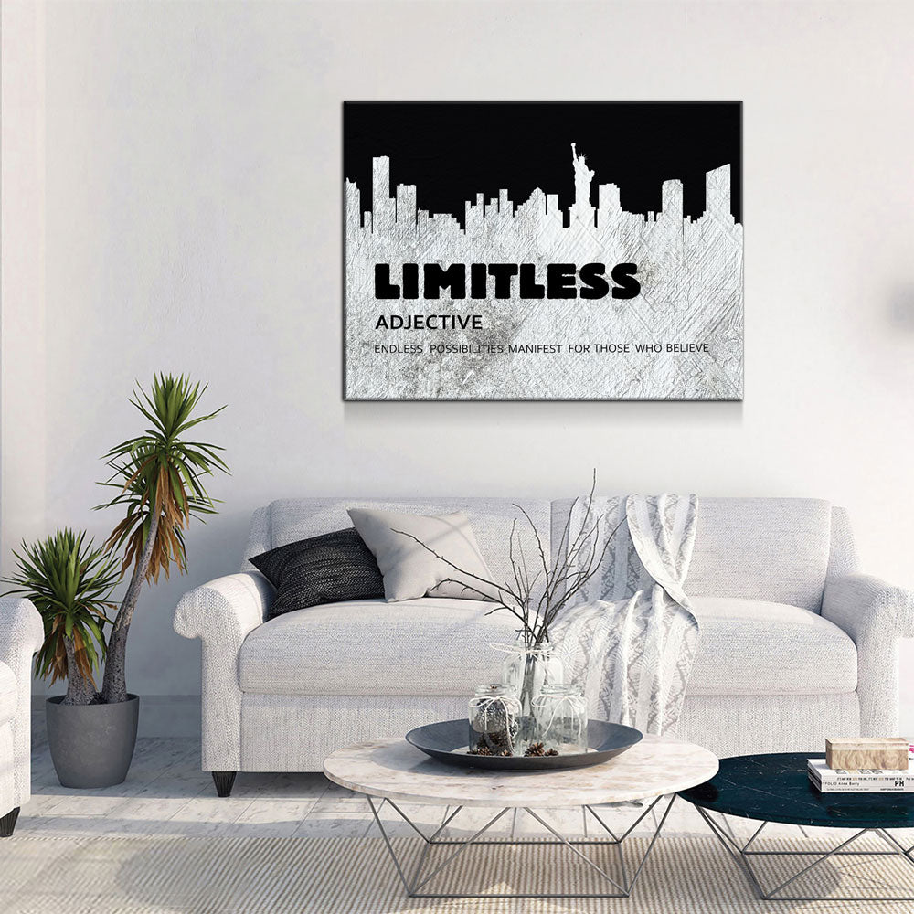Limitless Motivational Canvas Wall Art, New York Skyline Success Quote - Royal Crown Pro