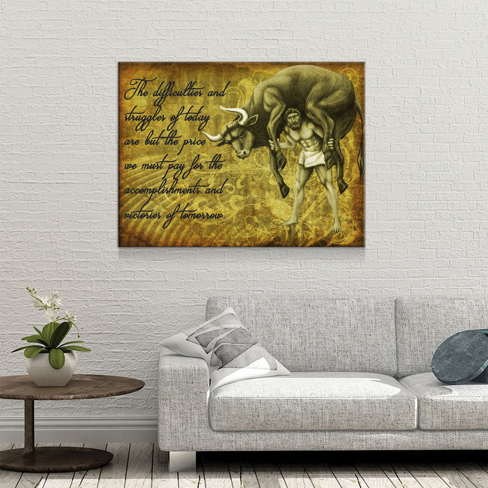 Milo Of Croton Olympian Greek Culture Canvas Wall Art, Milo The Olympic Wrestler Quote On Canvas - Royal Crown Pro