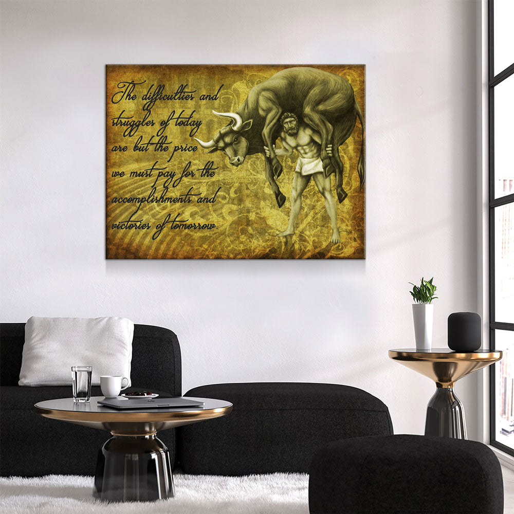 Milo Of Croton Olympian Greek Culture Canvas Wall Art, Milo The Olympic Wrestler Quote On Canvas - Royal Crown Pro