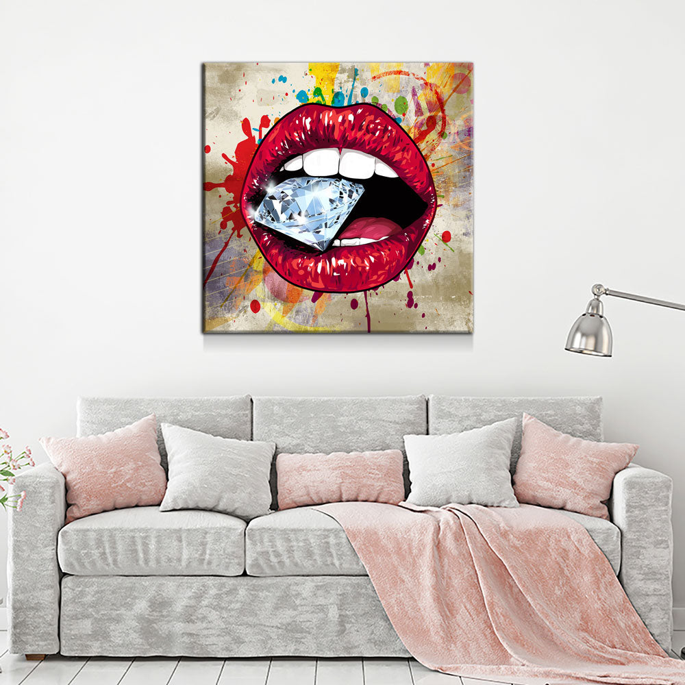 Lips Wall Art, Red Hot Lips Crazy Diamond Lips Wall Canvas Art, Pop Art Decor - Royal Crown Pro