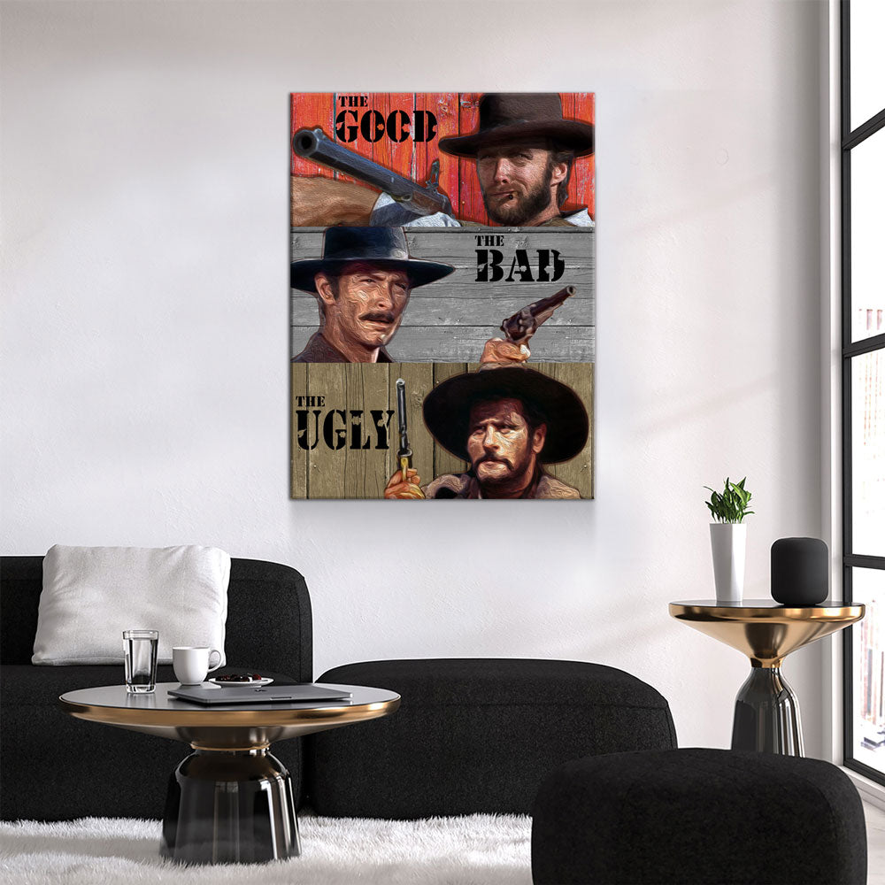 The Good The Bad The Ugly Canvas Wall Art, Western Decor, Clint Eastwood Art - Royal Crown Pro