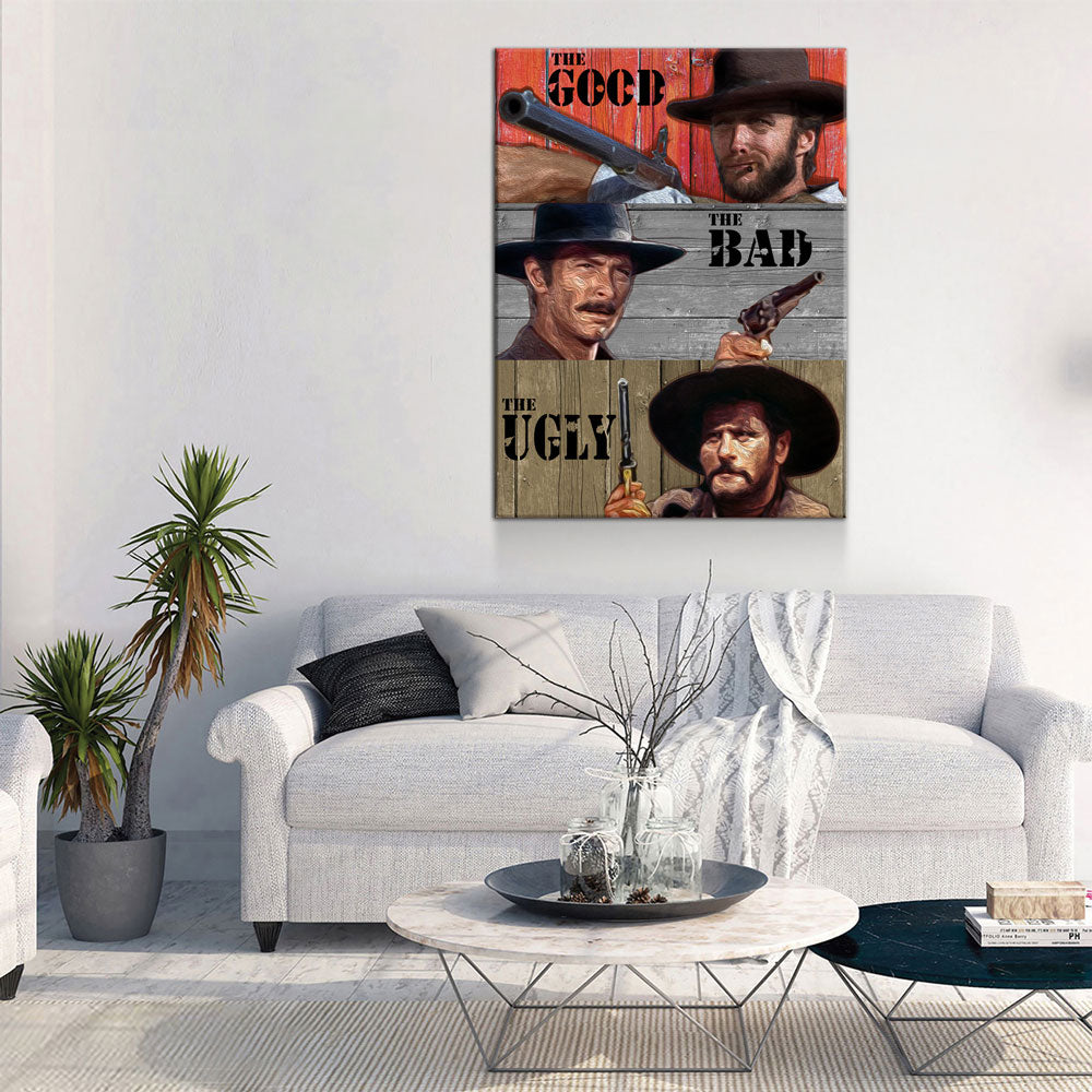 The Good The Bad The Ugly Canvas Wall Art, Western Decor, Clint Eastwood Art - Royal Crown Pro