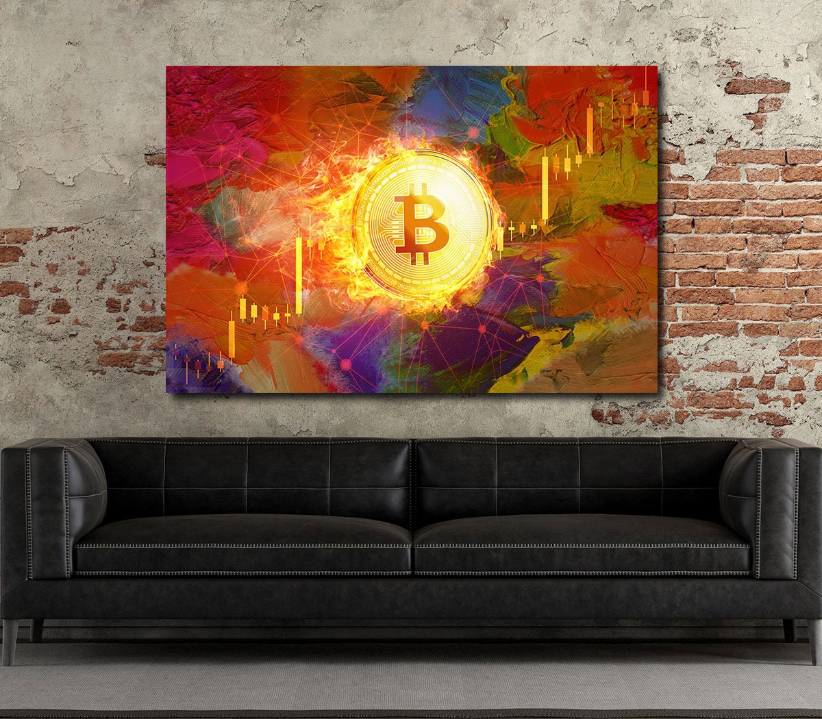 Bitcoin Fire Canvas Wall Art, Office Decor, Bitcoin, Crypto Currency, Block Chain, Decentralized Currency, Bitcoin Wall Art, Candlestick - Royal Crown Pro