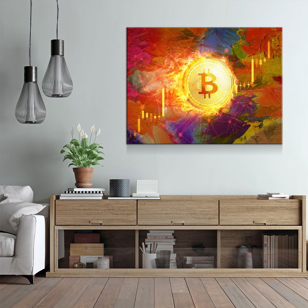 Bitcoin Fire Canvas Wall Art, Office Decor, Bitcoin, Crypto Currency, Block Chain, Decentralized Currency, Bitcoin Wall Art, Candlestick - Royal Crown Pro