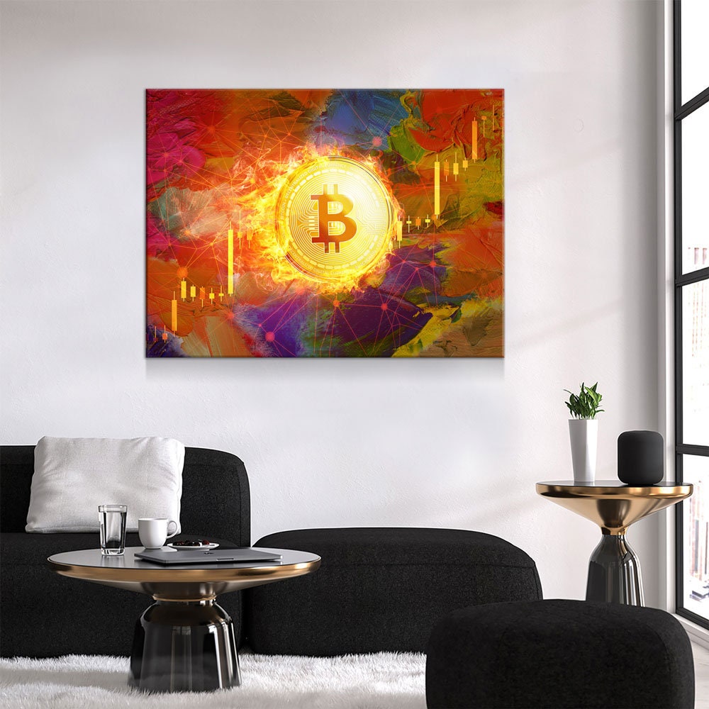 Bitcoin Fire Canvas Wall Art, Office Decor, Bitcoin, Crypto Currency, Block Chain, Decentralized Currency, Bitcoin Wall Art, Candlestick - Royal Crown Pro