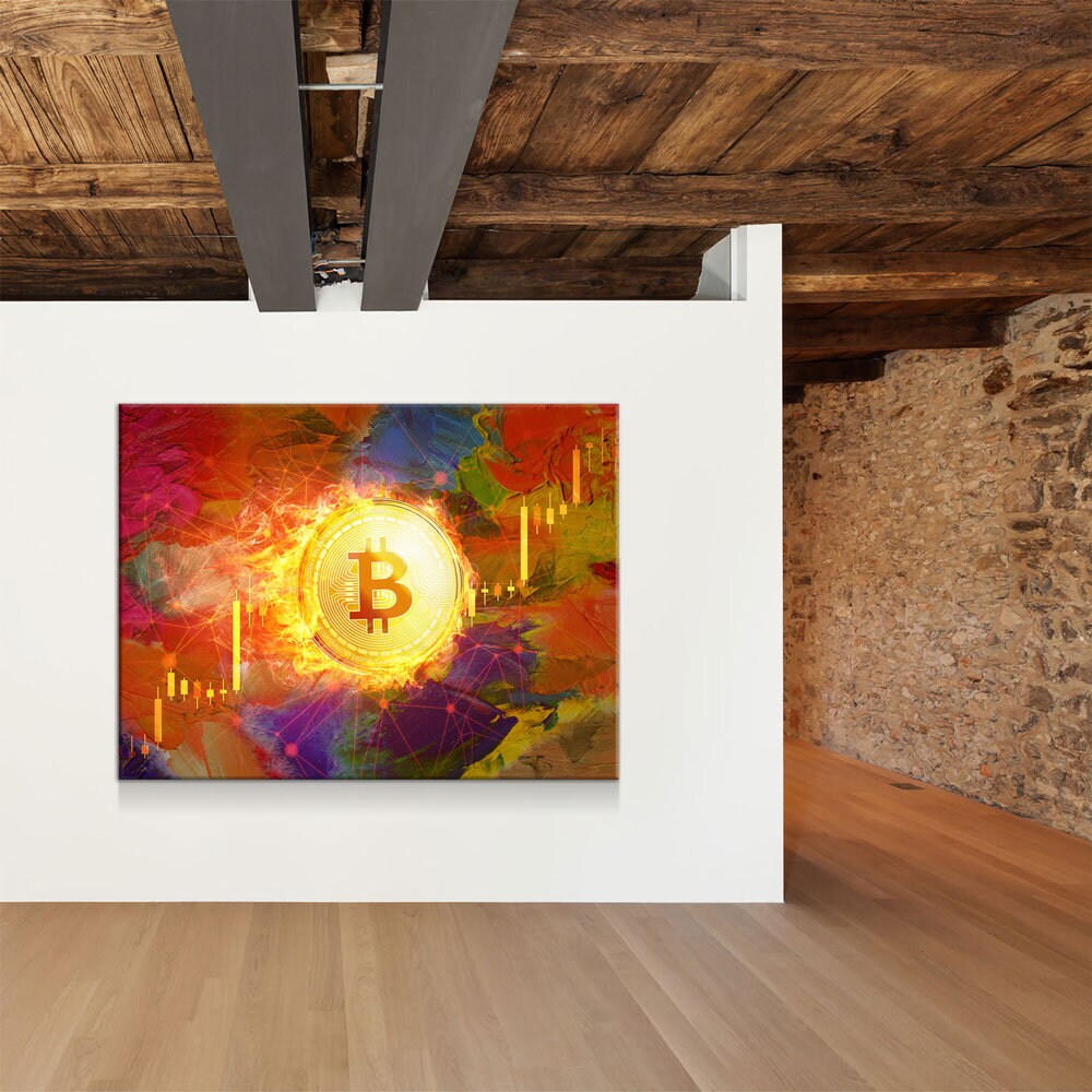 Bitcoin Fire Canvas Wall Art, Office Decor, Bitcoin, Crypto Currency, Block Chain, Decentralized Currency, Bitcoin Wall Art, Candlestick - Royal Crown Pro