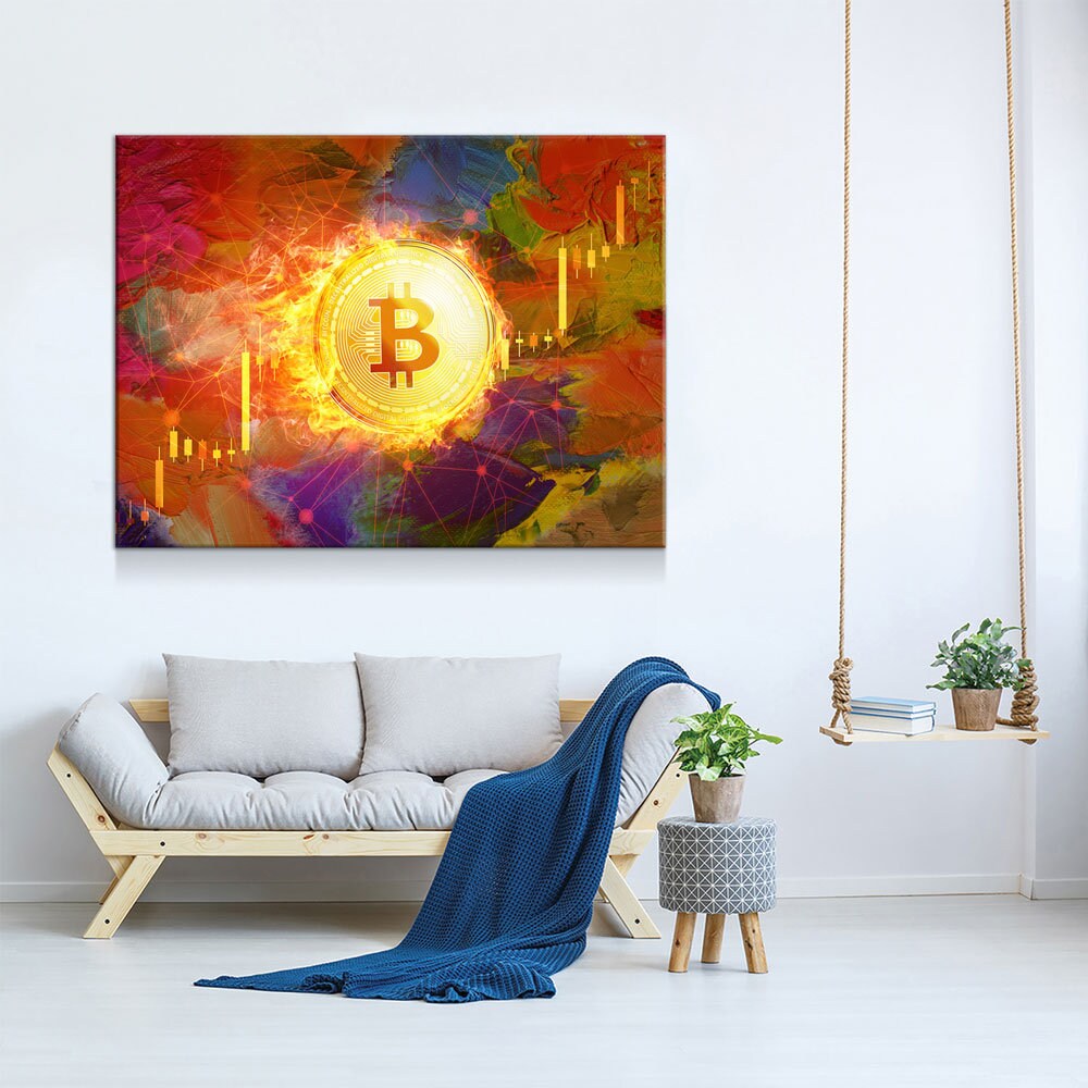 Bitcoin Fire Canvas Wall Art, Office Decor, Bitcoin, Crypto Currency, Block Chain, Decentralized Currency, Bitcoin Wall Art, Candlestick - Royal Crown Pro