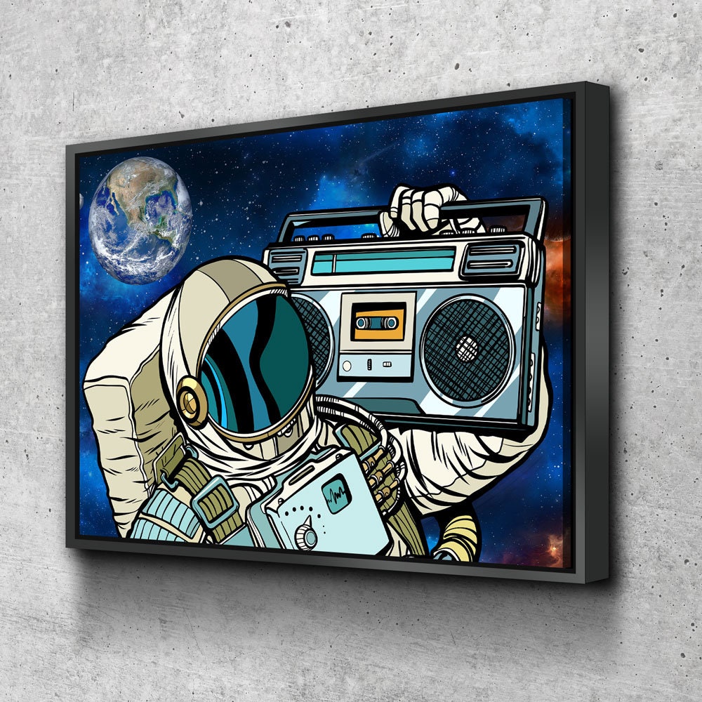 Spaceman Galaxy Jam Canvas Wall Art, Space Walk, Galaxy Jam, Retro Tape Player, Man Cave Decor, Dorm Decor, Retro Decor - Royal Crown Pro