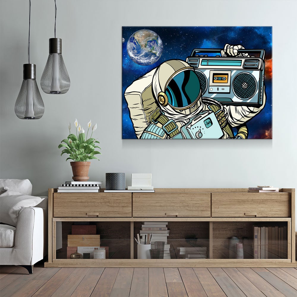 Spaceman Galaxy Jam Canvas Wall Art, Space Walk, Galaxy Jam, Retro Tape Player, Man Cave Decor, Dorm Decor, Retro Decor - Royal Crown Pro