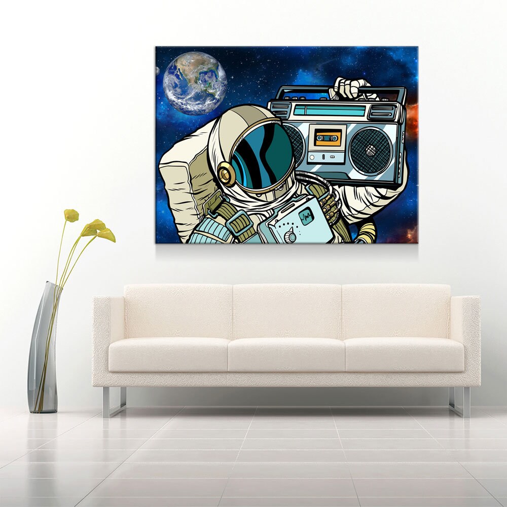 Spaceman Galaxy Jam Canvas Wall Art, Space Walk, Galaxy Jam, Retro Tape Player, Man Cave Decor, Dorm Decor, Retro Decor - Royal Crown Pro