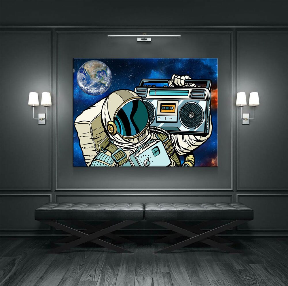 Spaceman Galaxy Jam Canvas Wall Art, Space Walk, Galaxy Jam, Retro Tape Player, Man Cave Decor, Dorm Decor, Retro Decor - Royal Crown Pro