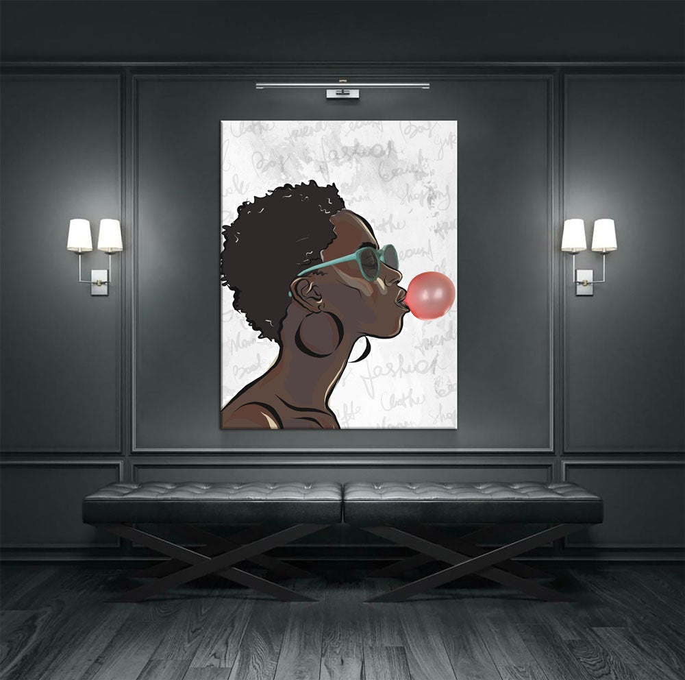 Black Girl With Bubble Gum Canvas Wall Art, Black Art, African American Art, African American Blowing Bubble, Home Decor Wall Art - Royal Crown Pro