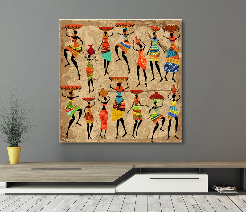 African Women Canvas Wall Art, African Tribal Art, African Decor, African Art, Grunge Ethnic Art, Dancing African Ladies - Royal Crown Pro