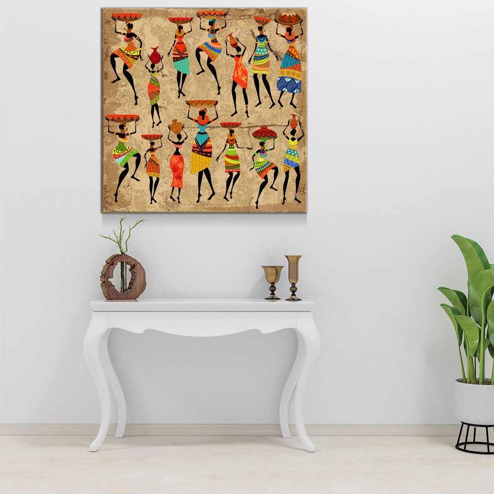 African Women Canvas Wall Art, African Tribal Art, African Decor, African Art, Grunge Ethnic Art, Dancing African Ladies - Royal Crown Pro