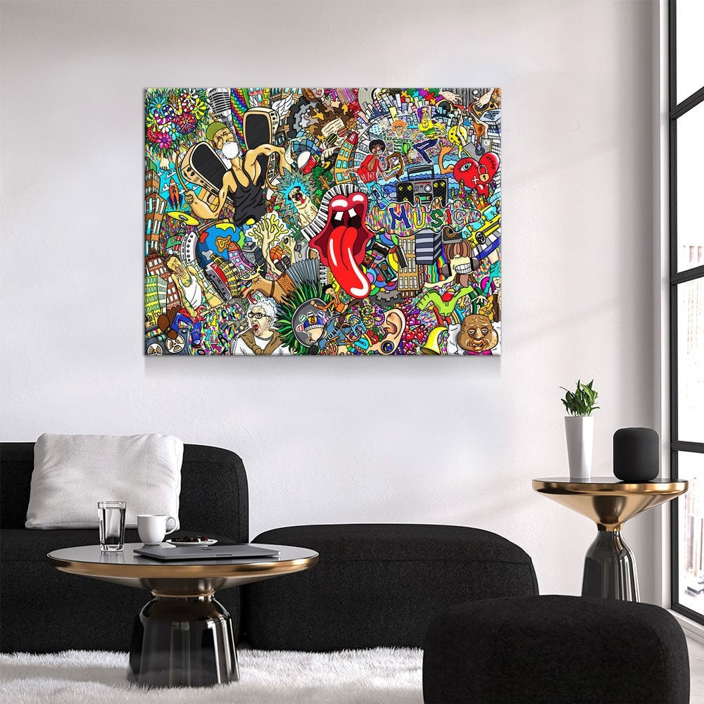 Graffiti Music Collage, Music Collage Canvas Wall Art, Abstract Decor, Hip Hop Music Art, Urban Music Art - Royal Crown Pro