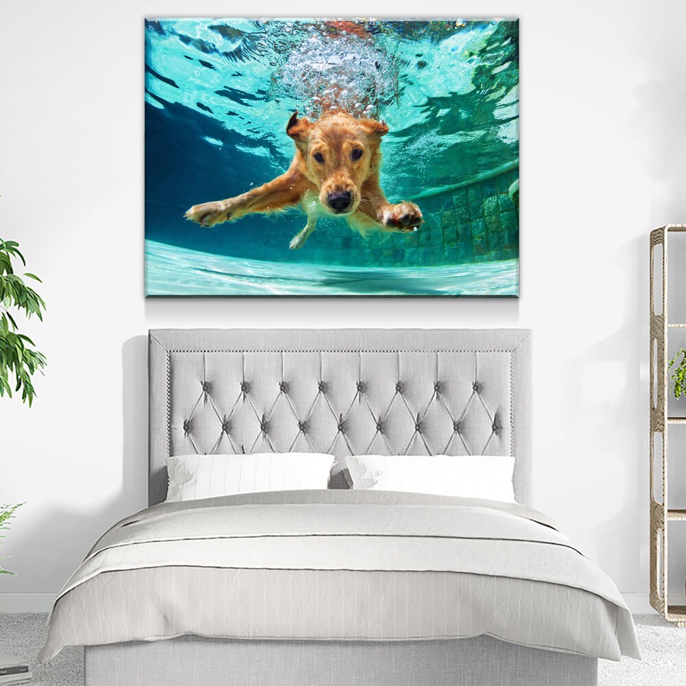 Golden Labrador Retriever Canvas Wall Art, Diving Under Water, Swimming Pool, Dog Gift, Golden Lab Print, Dog In Water - Royal Crown Pro