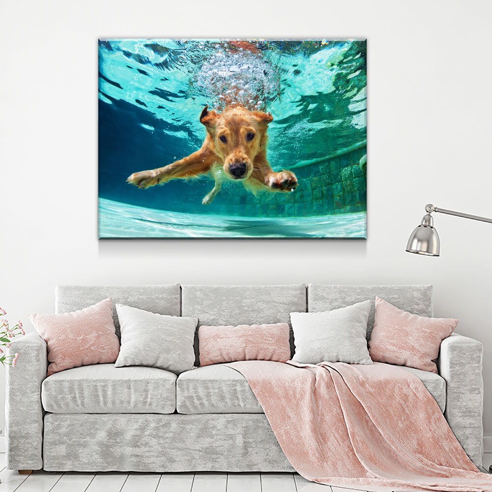 Golden Labrador Retriever Canvas Wall Art, Diving Under Water, Swimming Pool, Dog Gift, Golden Lab Print, Dog In Water - Royal Crown Pro