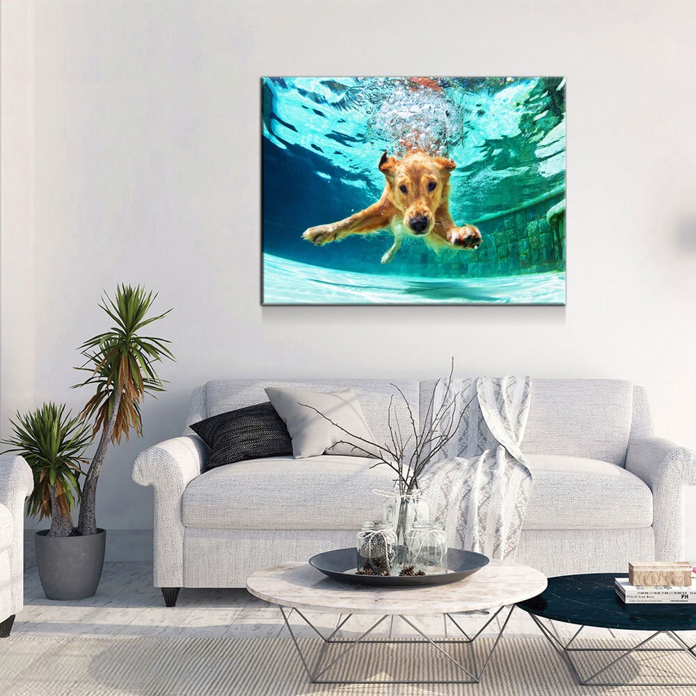 Golden Labrador Retriever Canvas Wall Art, Diving Under Water, Swimming Pool, Dog Gift, Golden Lab Print, Dog In Water - Royal Crown Pro
