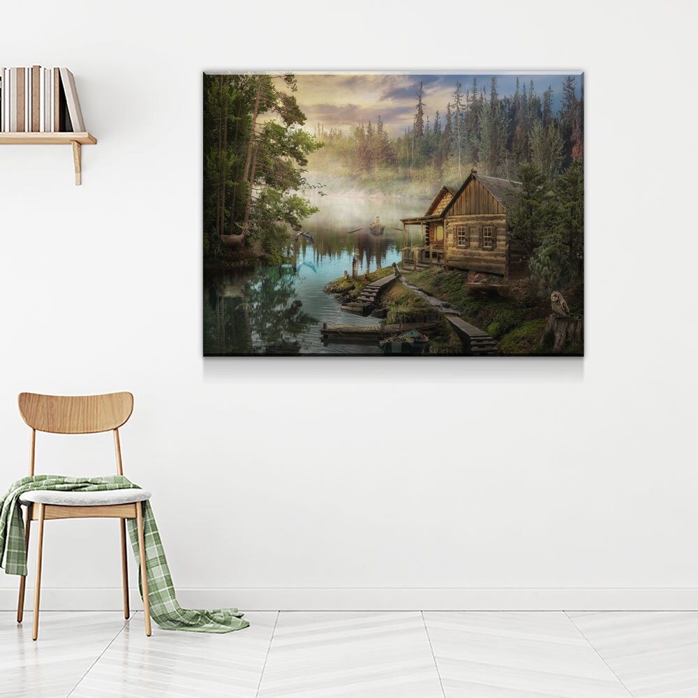 Cabin On The Lake Canvas Wall Art, Forest Cabin, Deer, Owl Decor, Hiking, Fishing Decor, Cabin Decor, Wilderness Decor - Royal Crown Pro