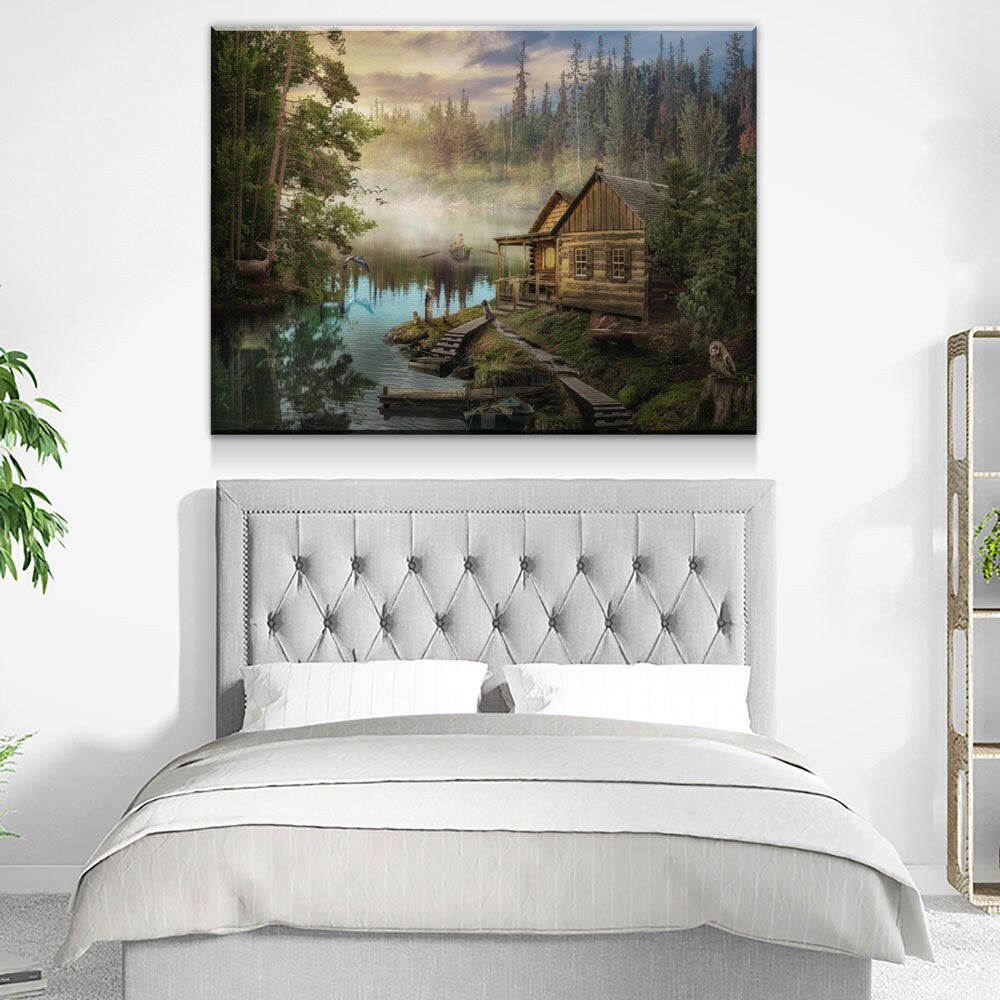 Cabin On The Lake Canvas Wall Art, Forest Cabin, Deer, Owl Decor, Hiking, Fishing Decor, Cabin Decor, Wilderness Decor - Royal Crown Pro