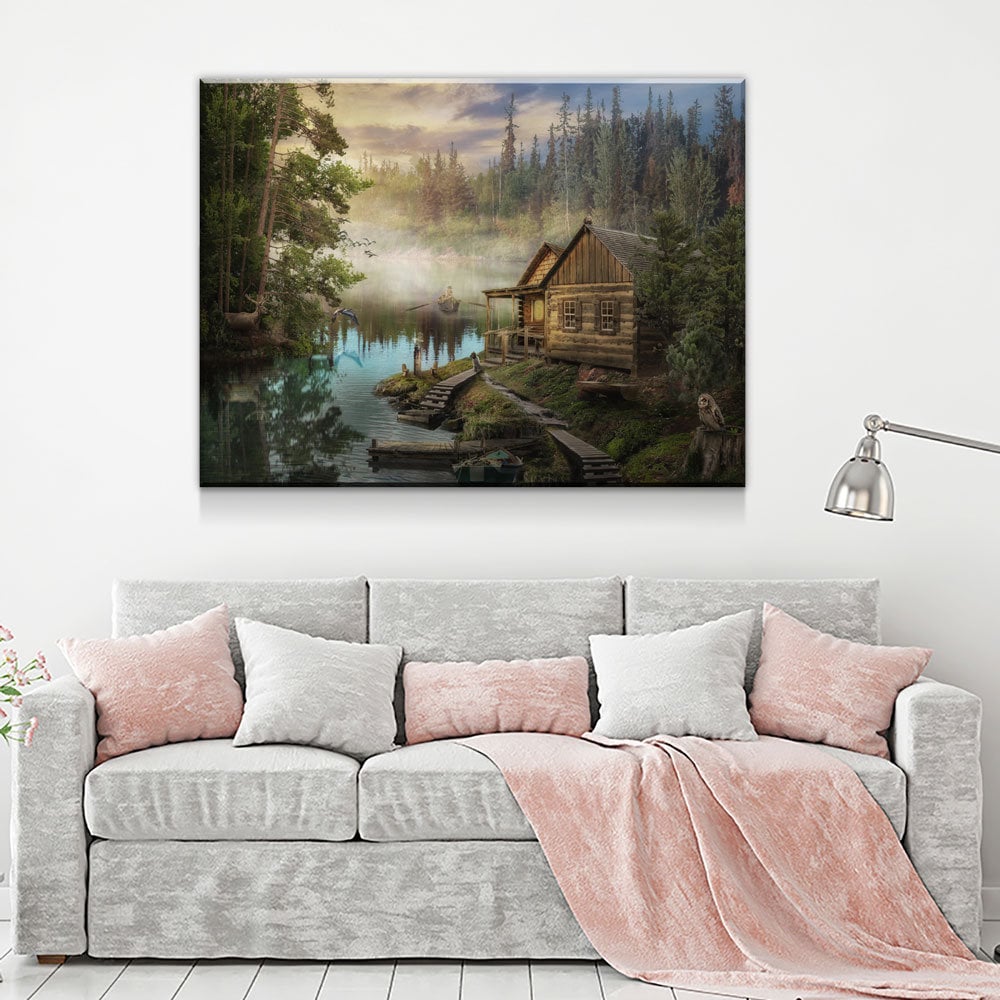 Cabin On The Lake Canvas Wall Art, Forest Cabin, Deer, Owl Decor, Hiking, Fishing Decor, Cabin Decor, Wilderness Decor - Royal Crown Pro