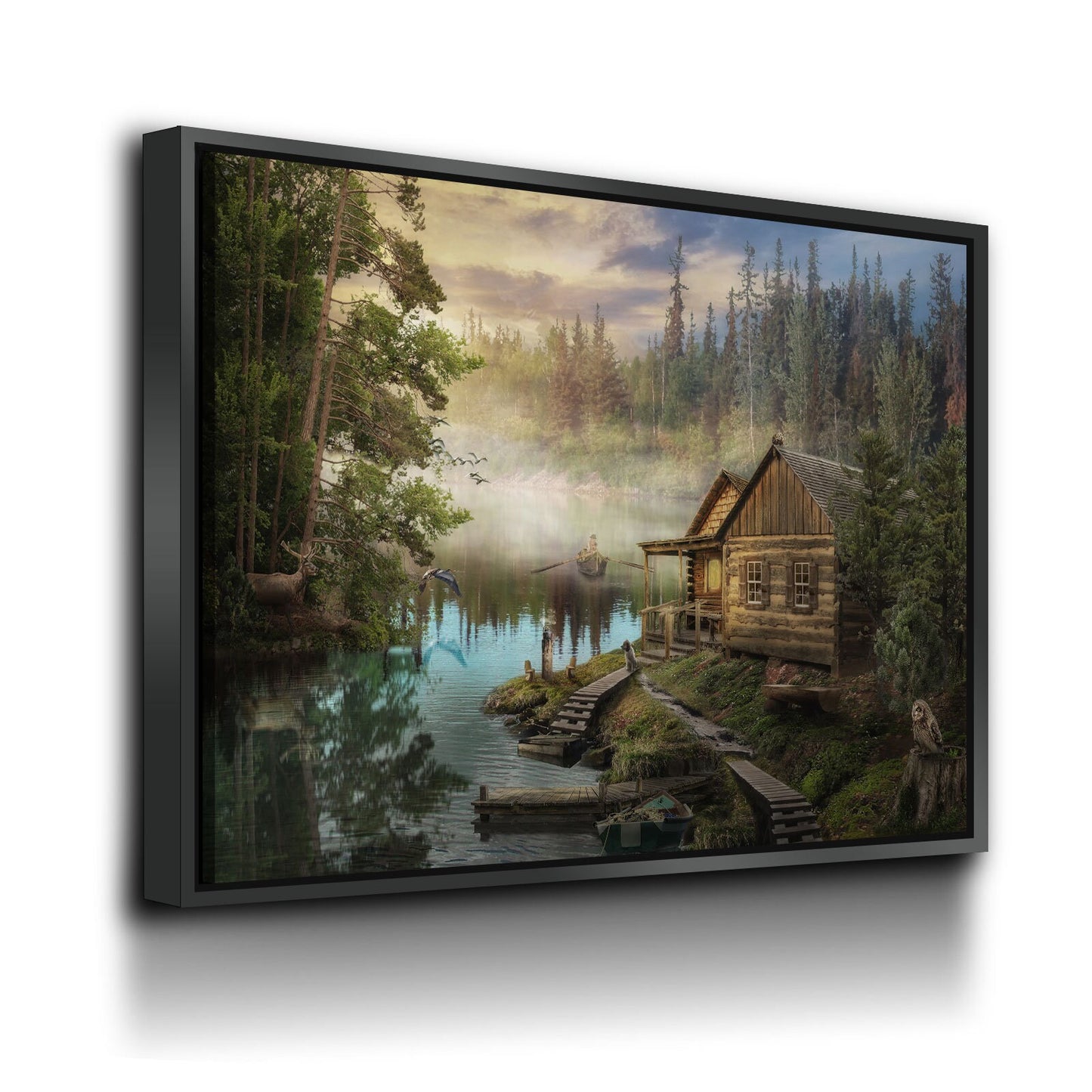Cabin On The Lake Canvas Wall Art, Forest Cabin, Deer, Owl Decor, Hiking, Fishing Decor, Cabin Decor, Wilderness Decor - Royal Crown Pro