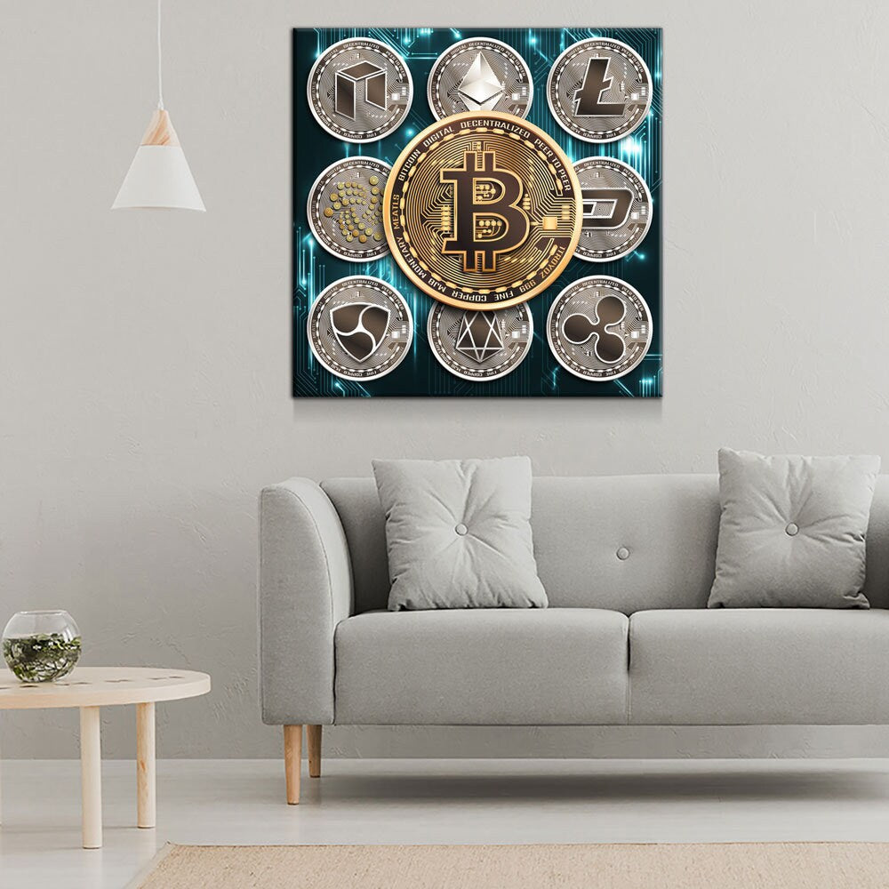Cryptocurrency Canvas Wall Art, Crypto Decor, Bitcoin Canvas, Litecoin, Ethereum, Neo Coin, Dash, EOS, NEM, IOTA, Ripple - Royal Crown Pro