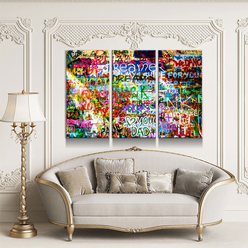 Lennon Dreamer Canvas Wall Art, Lennon Wall, Abstract Art, 3 Piece Wall Art Set, Lennon Wall Prague, Graffiti Wall - Royal Crown Pro