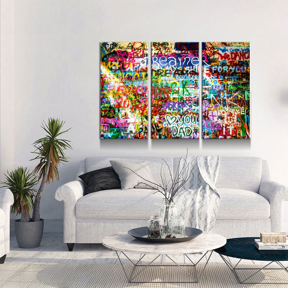 Lennon Dreamer Canvas Wall Art, Lennon Wall, Abstract Art, 3 Piece Wall Art Set, Lennon Wall Prague, Graffiti Wall - Royal Crown Pro