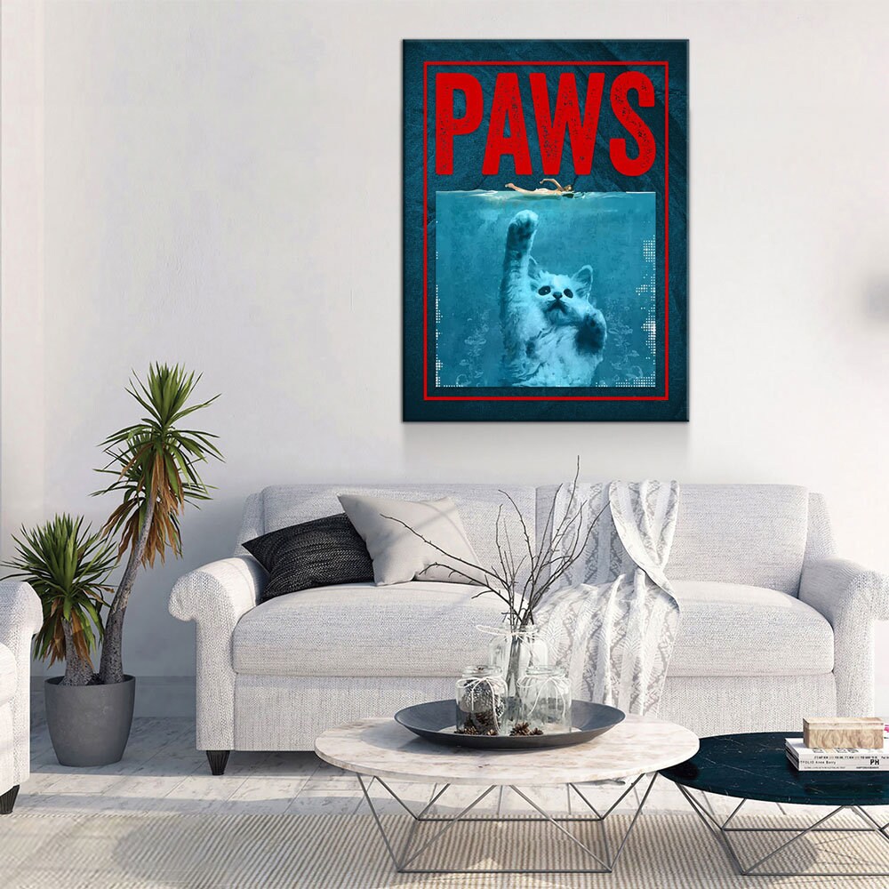 Paws Cute Cat Jaws Parody Canvas Wall Art For Home, Office or Dorm Kitten, Cat, Shark, Jaws - Royal Crown Pro