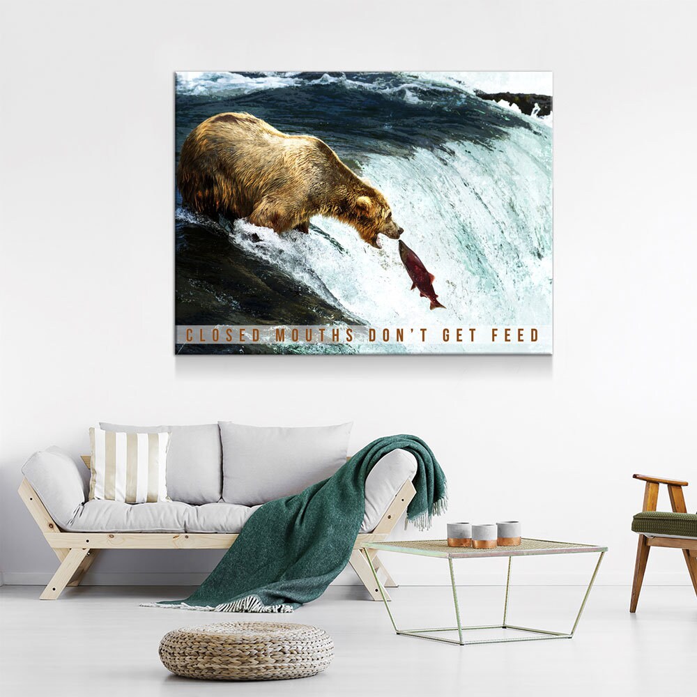 Closed Mouths Don't Get Feed Canvas Wall Art, Motivational Decor, Inspirational Decor, Office Decor, Bear, Stream, Fish - Royal Crown Pro