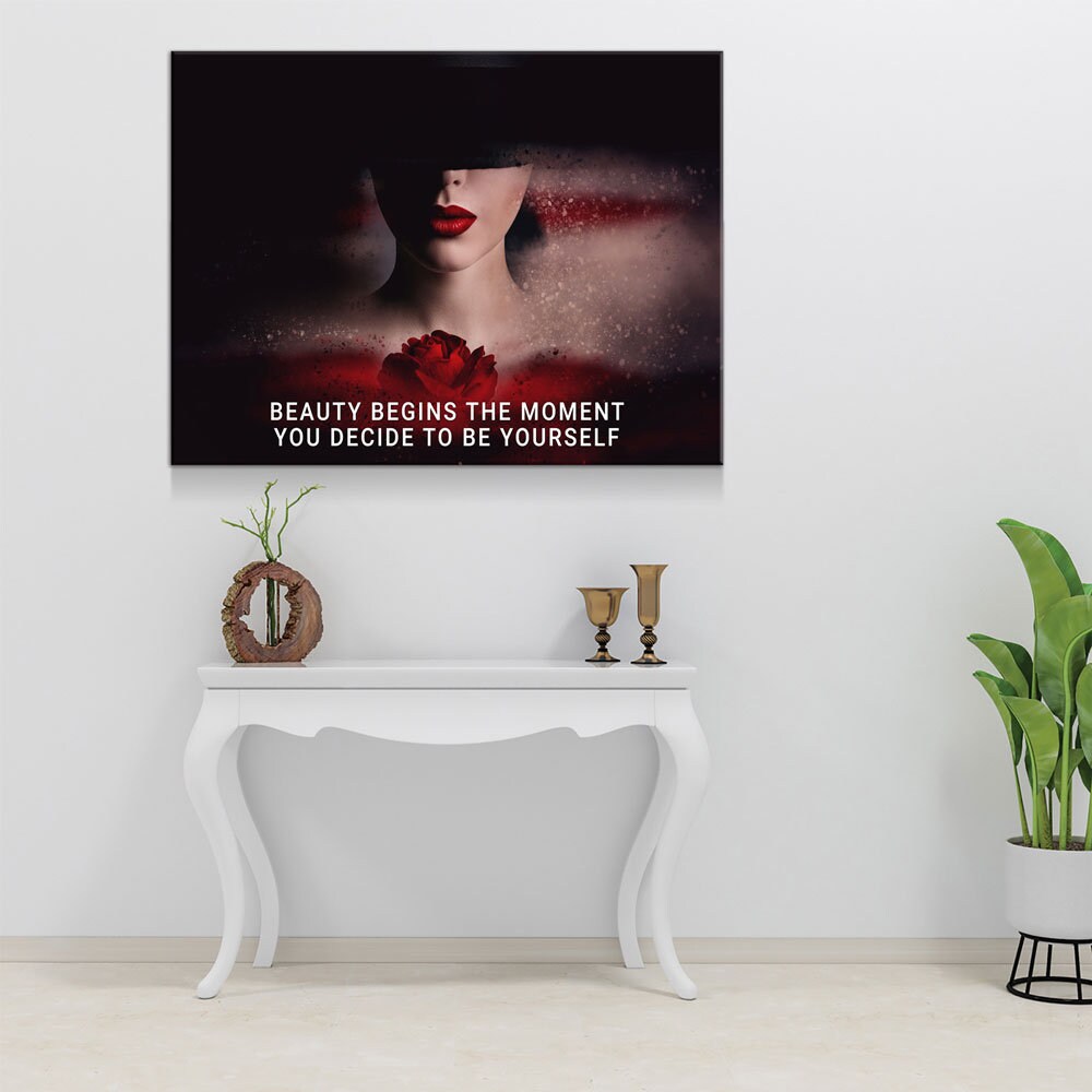 Beauty Begins The Moment You Decide To Be Yourself Canvas Wall Art, Motivational Decor, Inspirational Decor, Red Rose, Woman Boss - Royal Crown Pro