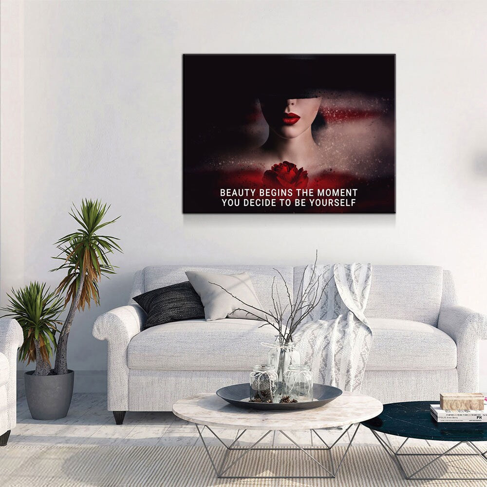 Beauty Begins The Moment You Decide To Be Yourself Canvas Wall Art, Motivational Decor, Inspirational Decor, Red Rose, Woman Boss - Royal Crown Pro