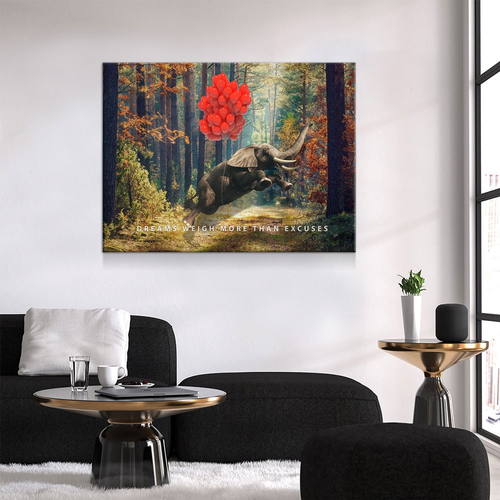 Dreams Weigh More Than Excuses Canvas Wall Art, Motivational Decor, Inspirational Decor, Office Decor, Elephant Balloons - Royal Crown Pro