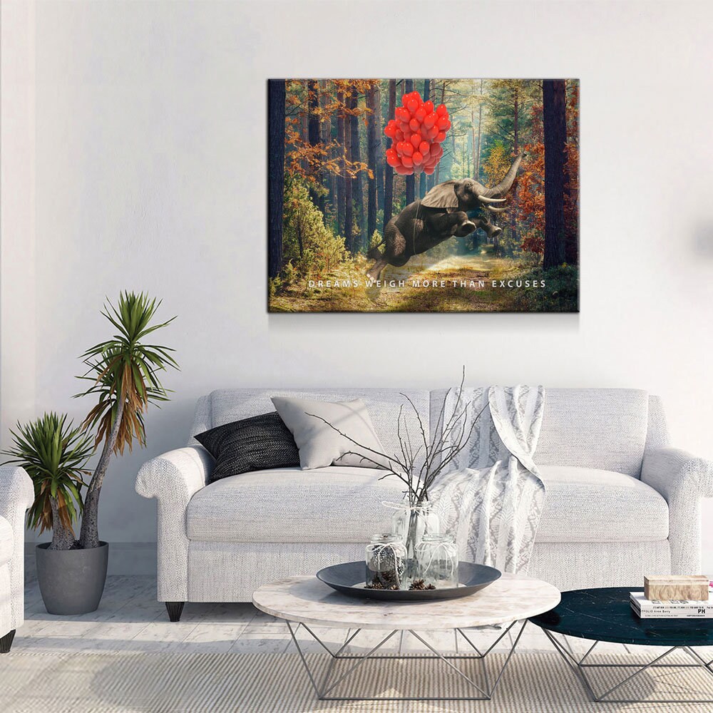 Dreams Weigh More Than Excuses Canvas Wall Art, Motivational Decor, Inspirational Decor, Office Decor, Elephant Balloons - Royal Crown Pro