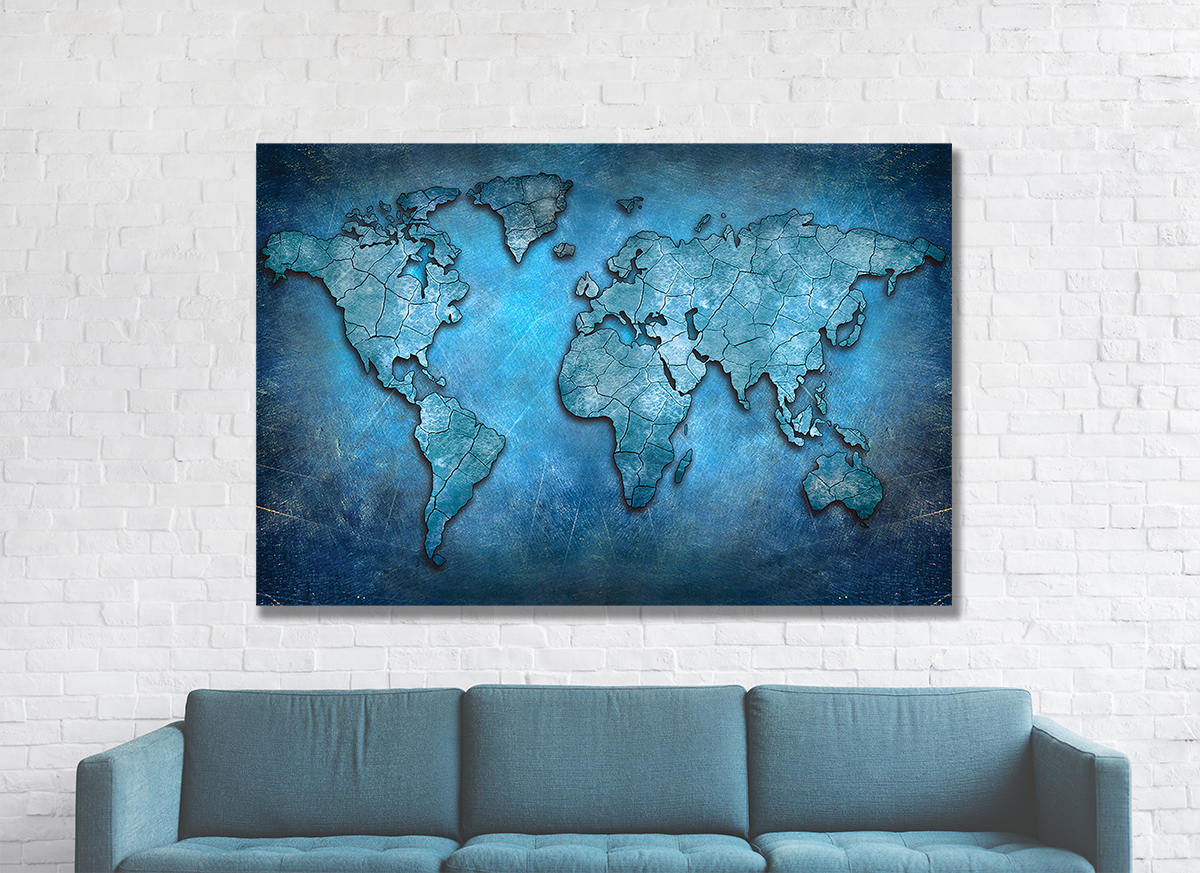 World Map Canvas, Blue Abstract World Map Canvas Wall Art, Earth Map, World Map - Royal Crown Pro