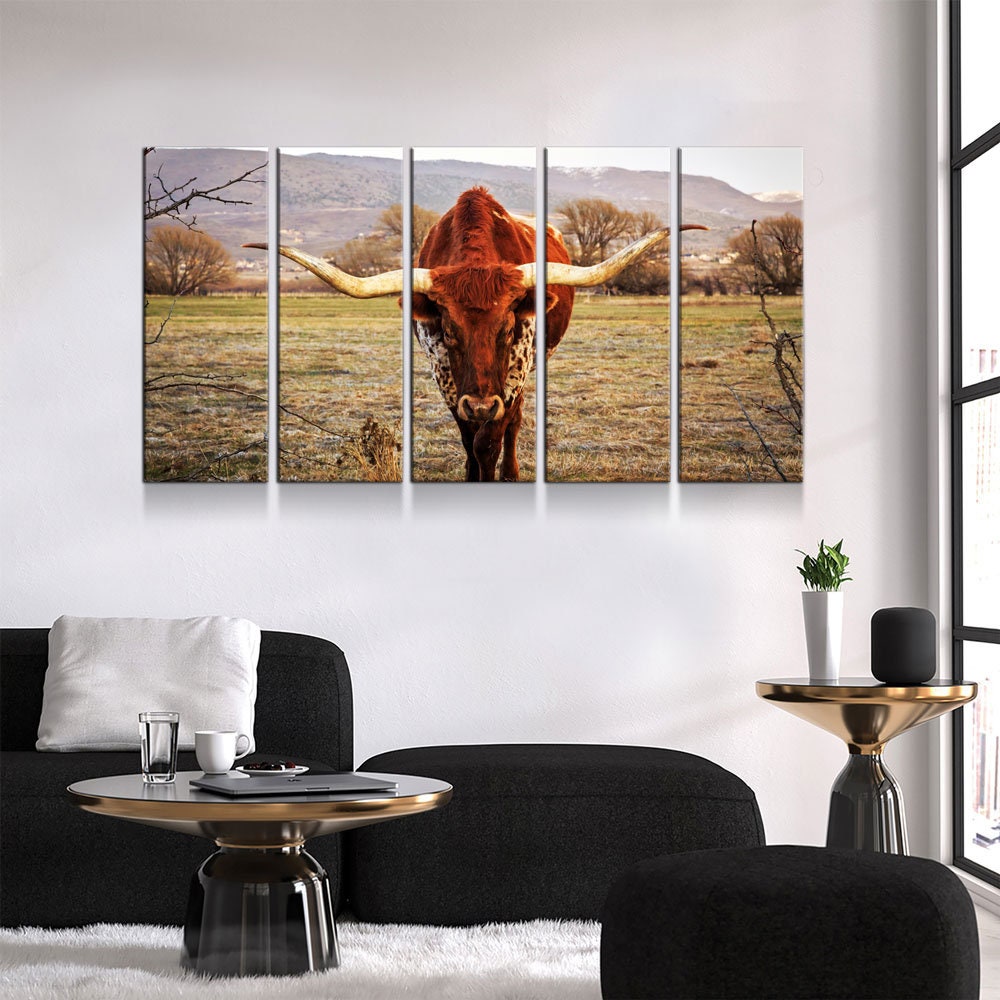 Texas Longhorn Canvas Wall Art, Ranch Art, XL Wall Art, Ranch Style Home Decor, 3 Piece Wall Art, 5 Piece Wall Art, Extra Large Wall art - Royal Crown Pro