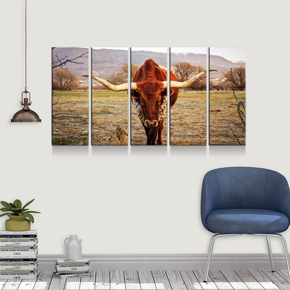 Texas Longhorn Canvas Wall Art, Ranch Art, XL Wall Art, Ranch Style Home Decor, 3 Piece Wall Art, 5 Piece Wall Art, Extra Large Wall art - Royal Crown Pro