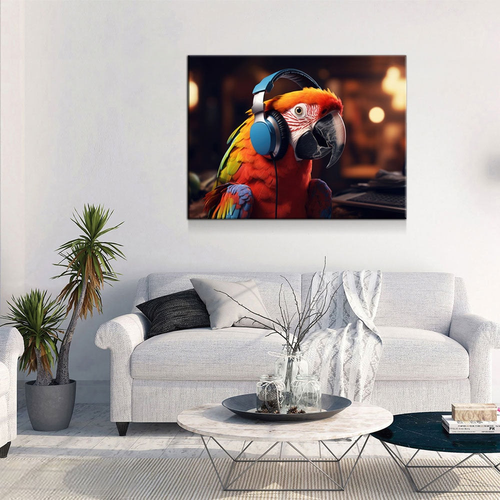 Party Parrot Canvas Wall Art, Parrot With Headphones, Parrot DJ, Parrot Decor, Funny Parrot Art - Royal Crown Pro