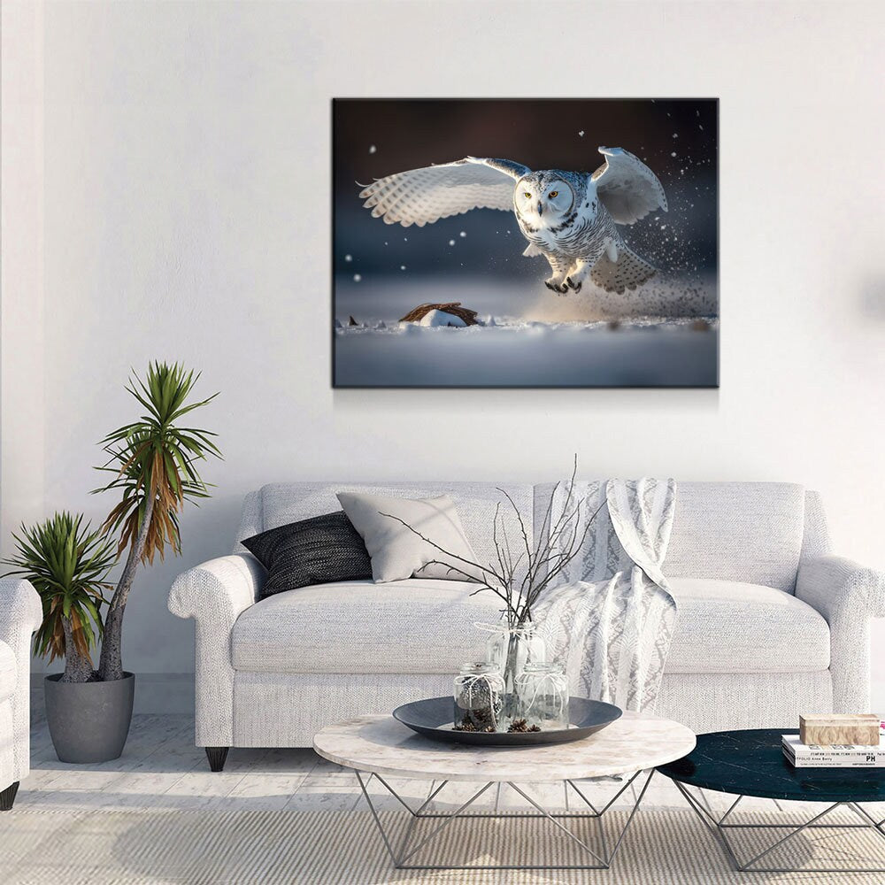 Snowy Owl Flying Canvas Wall Art, Snowy Owl Soaring, Snowy Owl Decor, Polar Owl Print, White Owl, Arctic Owl - Royal Crown Pro