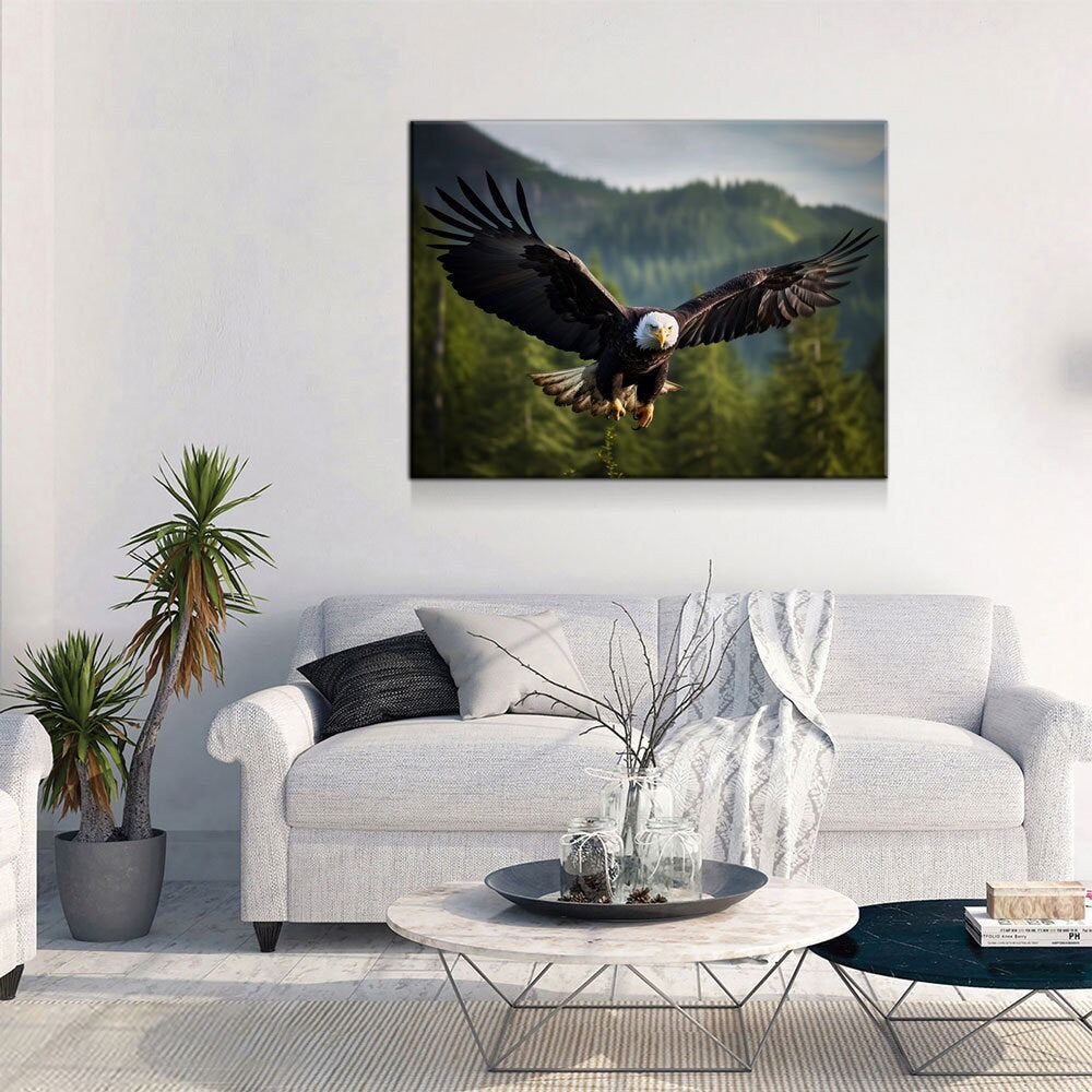 Flying Bald Eagle Canvas Wall Art, Bald Eagle Soaring Through Forest, Bald Eagle Decor, North American Eagle - Royal Crown Pro