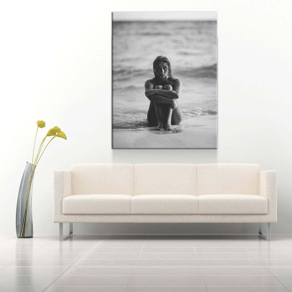 Woman On The Seashore Canvas Wall Art, Woman Beach Print, Black and White Female Print, Woman Water Print, Vintage Print, Fashion Art - Royal Crown Pro