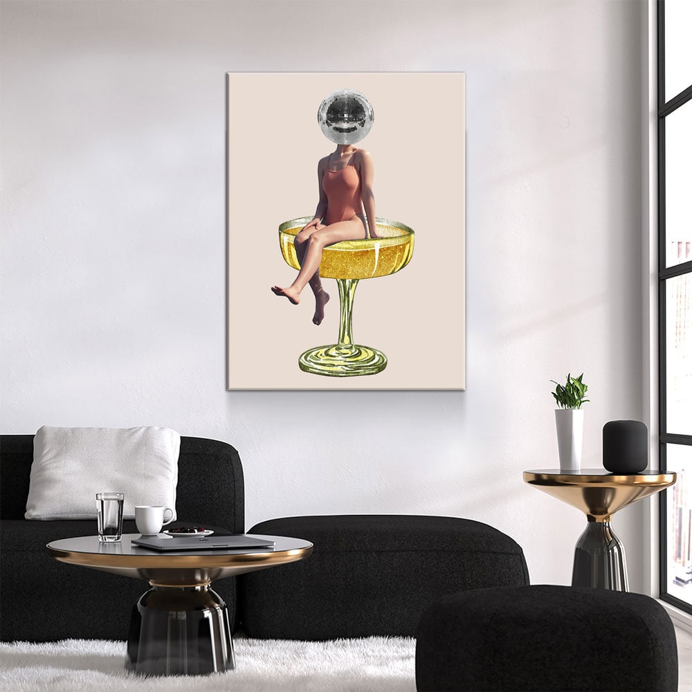 Disco Ball Head Canvas Wall Art, Retro Decor, Funky Print, Disco Print, Woman Sitting In Cocktail Glass, Disco Head Decor, Trendy Decor - Royal Crown Pro