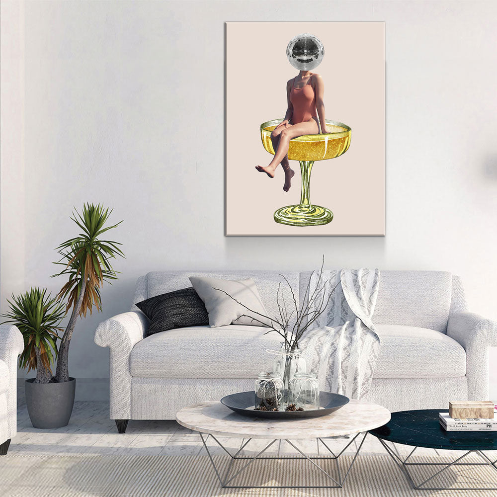 Disco Ball Head Canvas Wall Art, Retro Decor, Funky Print, Disco Print, Woman Sitting In Cocktail Glass, Disco Head Decor, Trendy Decor - Royal Crown Pro