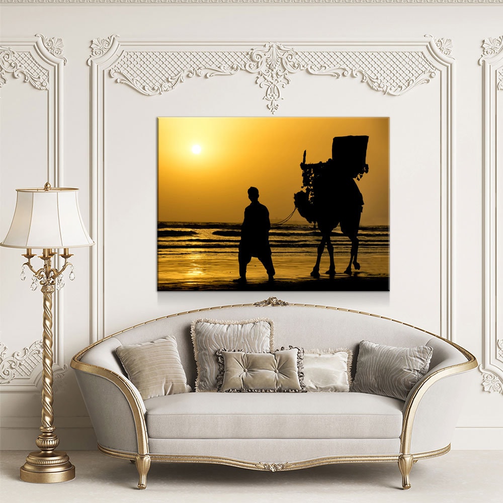 The Famous Camel Ride Canvas Wall Art, Karachi Wall Art, Karachi Pakistan Decor, Sea View, Karachi Beach, Karachi Sunset, Pakistan Decor - Royal Crown Pro