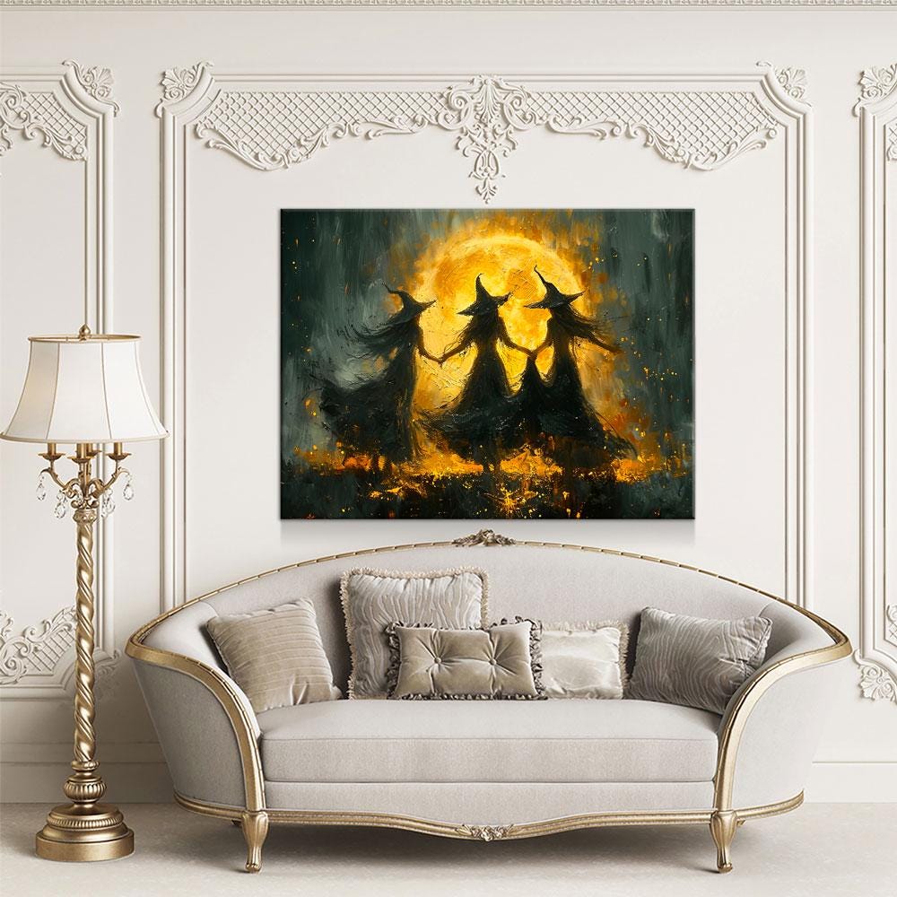 Witches Dancing Around The Fire Canvas Wall Art, Gothic Decor, Halloween Decor, Halloween Hanging, Witch Decor, Pagan Art Print, Hallows Eve - Royal Crown Pro