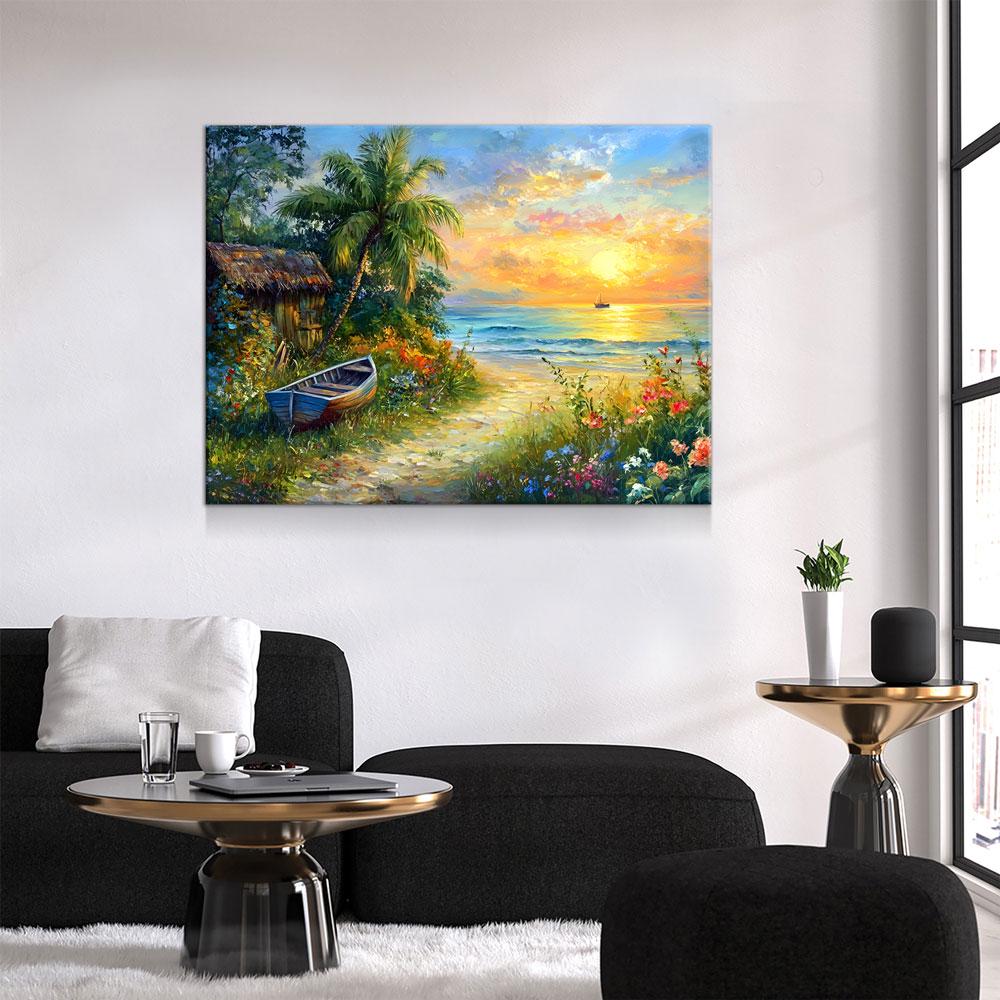 Boat on Tropical Beach Canvas Wall Art, Ocean Beach With Coconut Tree, Boat And Beach Hut, Tropical Decor, Beach House, Coastal Decor - Royal Crown Pro