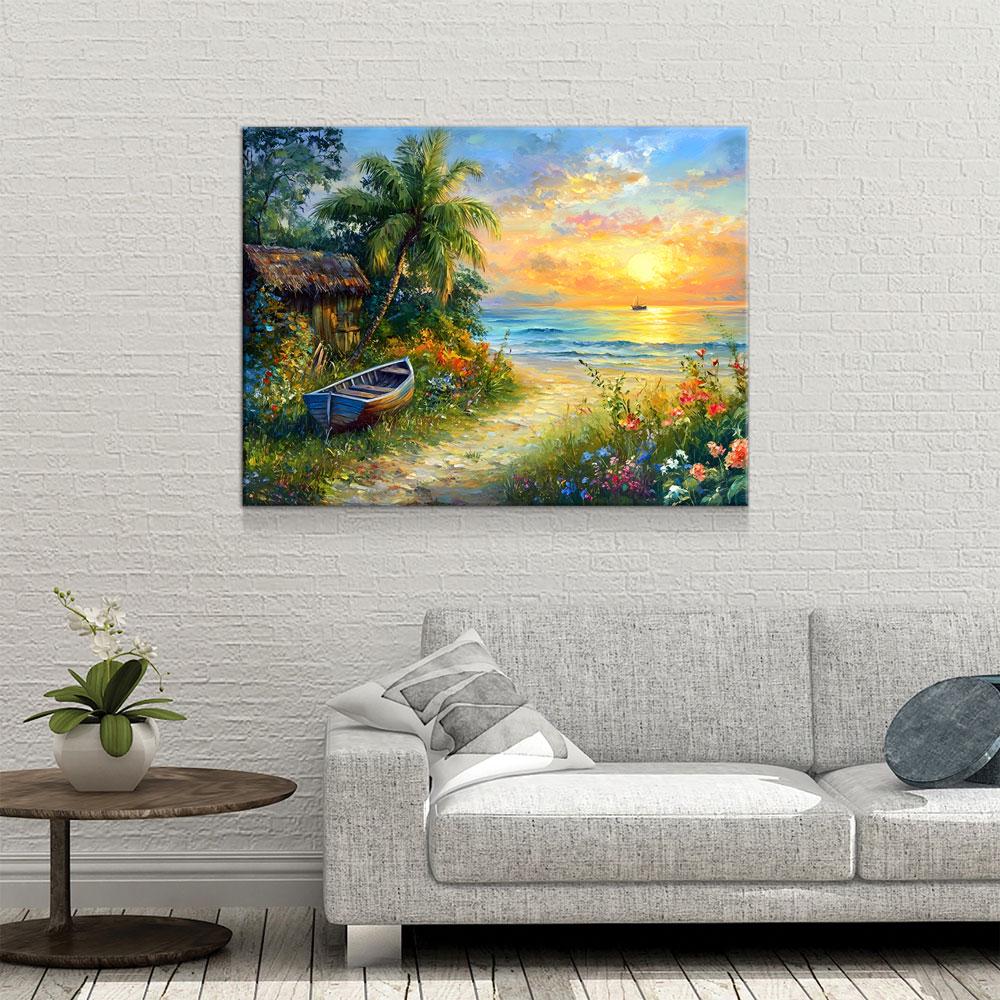 Boat on Tropical Beach Canvas Wall Art, Ocean Beach With Coconut Tree, Boat And Beach Hut, Tropical Decor, Beach House, Coastal Decor - Royal Crown Pro