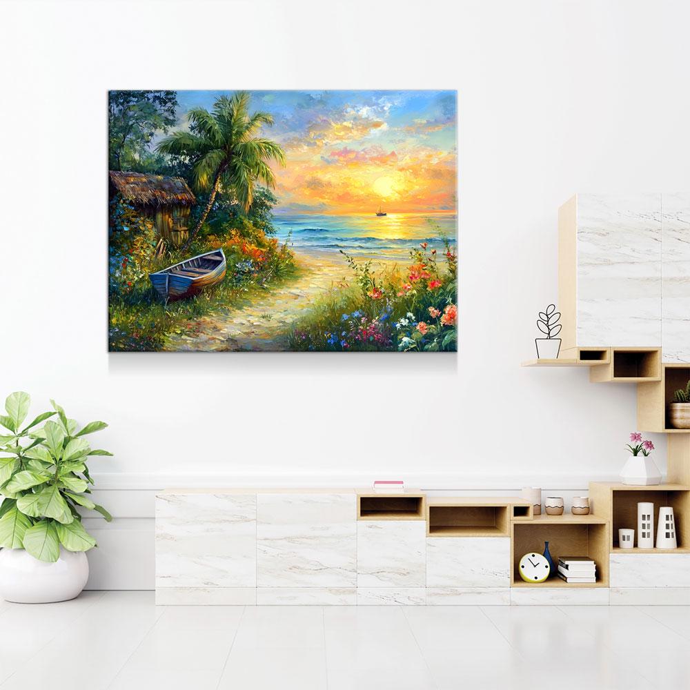 Boat on Tropical Beach Canvas Wall Art, Ocean Beach With Coconut Tree, Boat And Beach Hut, Tropical Decor, Beach House, Coastal Decor - Royal Crown Pro